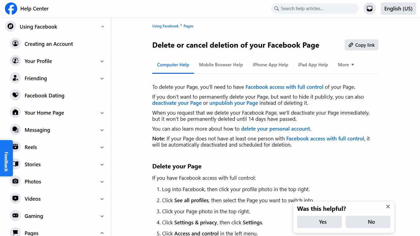 Delete or cancel deletion of your Facebook Page Facebook Help Center